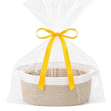 ABenkle Small Basket Empty Gift Basket, Decorative Boho Rope Woven Nursery Storage Organizer Dog Toy Baskets for Baby Showers Christmas Easter with Gift Bags and Ribbons, 12"X 8" X 5"