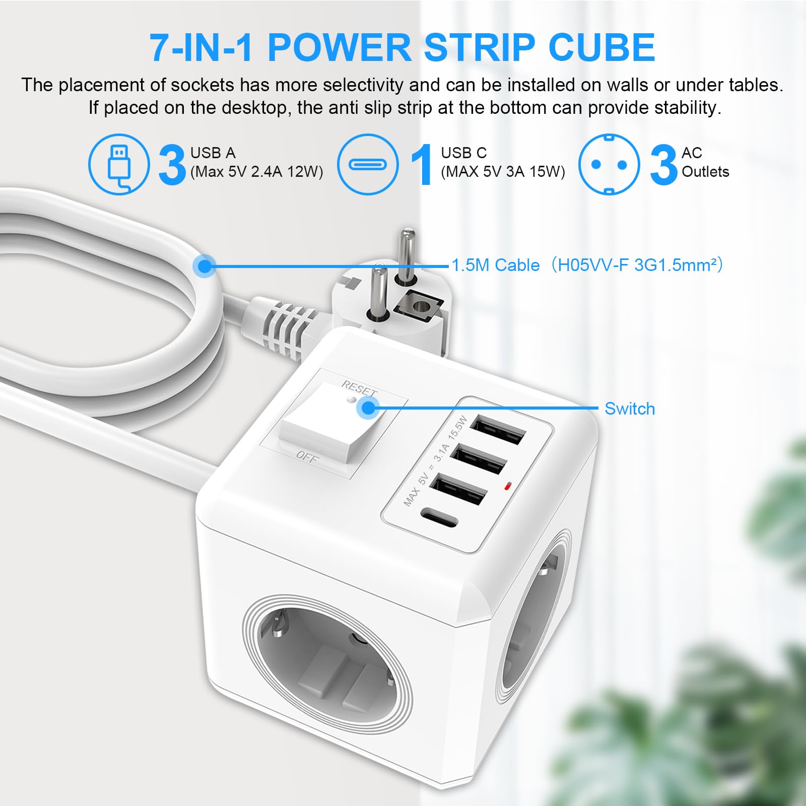 ANTELA Regleta Eléctrica Cubo 16A 3680W 3 Tomas Schuko + 4 Puertos USB (1 USB-C+3USB-A),Protección contra Sobrecarga,Largo de 1.5 Metros