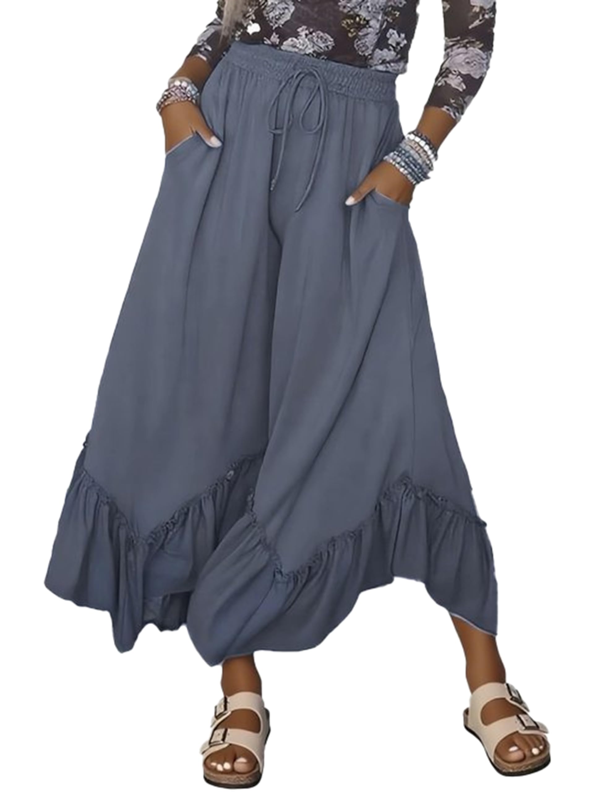 Womens Wide Leg Palazzo Pants Baggy Lounge Ruffled Hem Adjustable Drawstring Culotte Trousers with Pockets Bluegrey-S