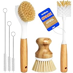 Holikme 6 Pack Dish Brush Kitchen Brushes Set with Bottle Brush, Dish Brush, Palm Scrub Brush and Straw Brush, Fruit Vegetable Cleaning Brushes, Long Handle for Skillet Wok Pot Pan Cast Iron, Yellow