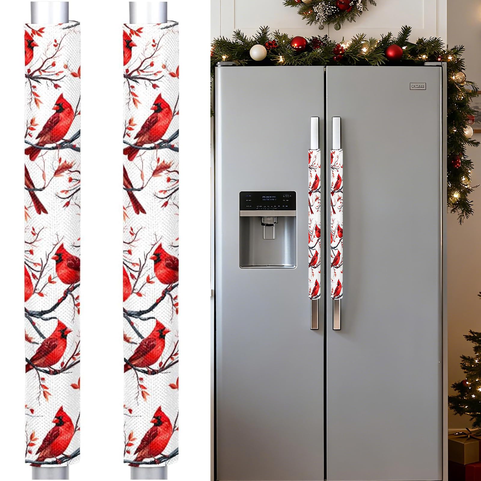Christmas Refrigerator Door Handle Covers Set of 2, Cardinal Birds Fridge Handle Cover Washable Fridge Dishwasher Oven Door Decor Protector Handle Cover, Keep Your Kitchen Appliance Clean
