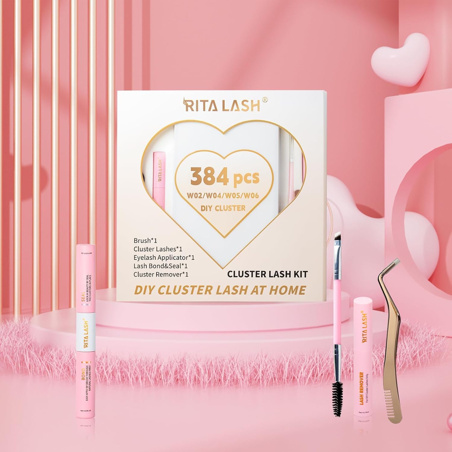 RITALASH Kit di extension per ciglia fai da te, 384 pezzi, kit per extension per ciglia con pennello per mascara, applicatore per rimuovere colla e colla per ciglia (384 pezzi W02+W04+W05+W06)