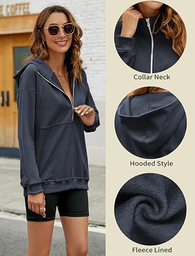 Miniatura 5 de PGANDS Sudaderas con capucha de forro polar con media cremallera para mujer, manga larga, cuello forrado, cremallera y bolsillo