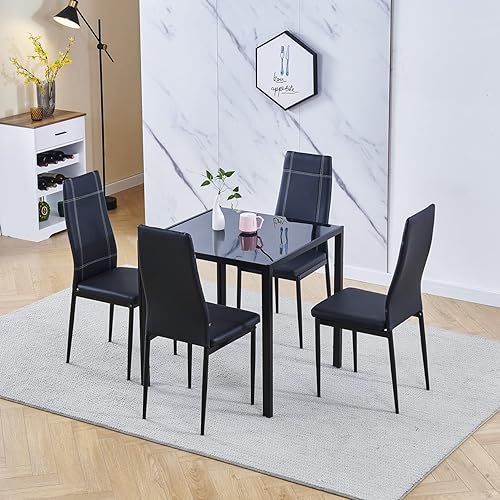 Miniatura 18 de Juego de 4 mesas de comedor y sillas de comedor de cristal negro de 5 piezas, moderna mesa cuadrada de cocina pequeña y 4 sillas de comedor que