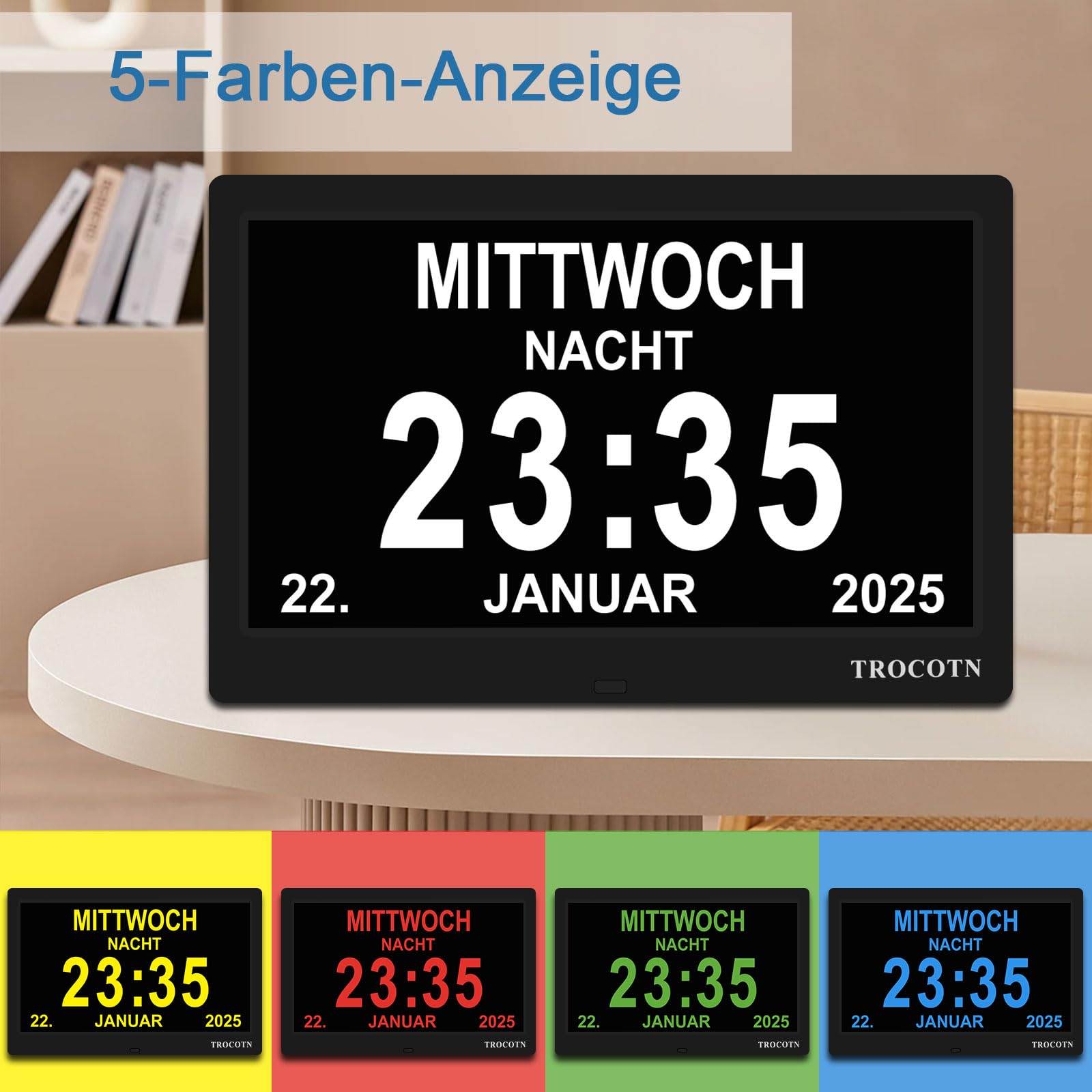 TROCOTN Demenz Uhr Senioren Digitale Uhr Tagesuhr Großes Display Wecker Wanduhr (Schwarz,10 Zoll)