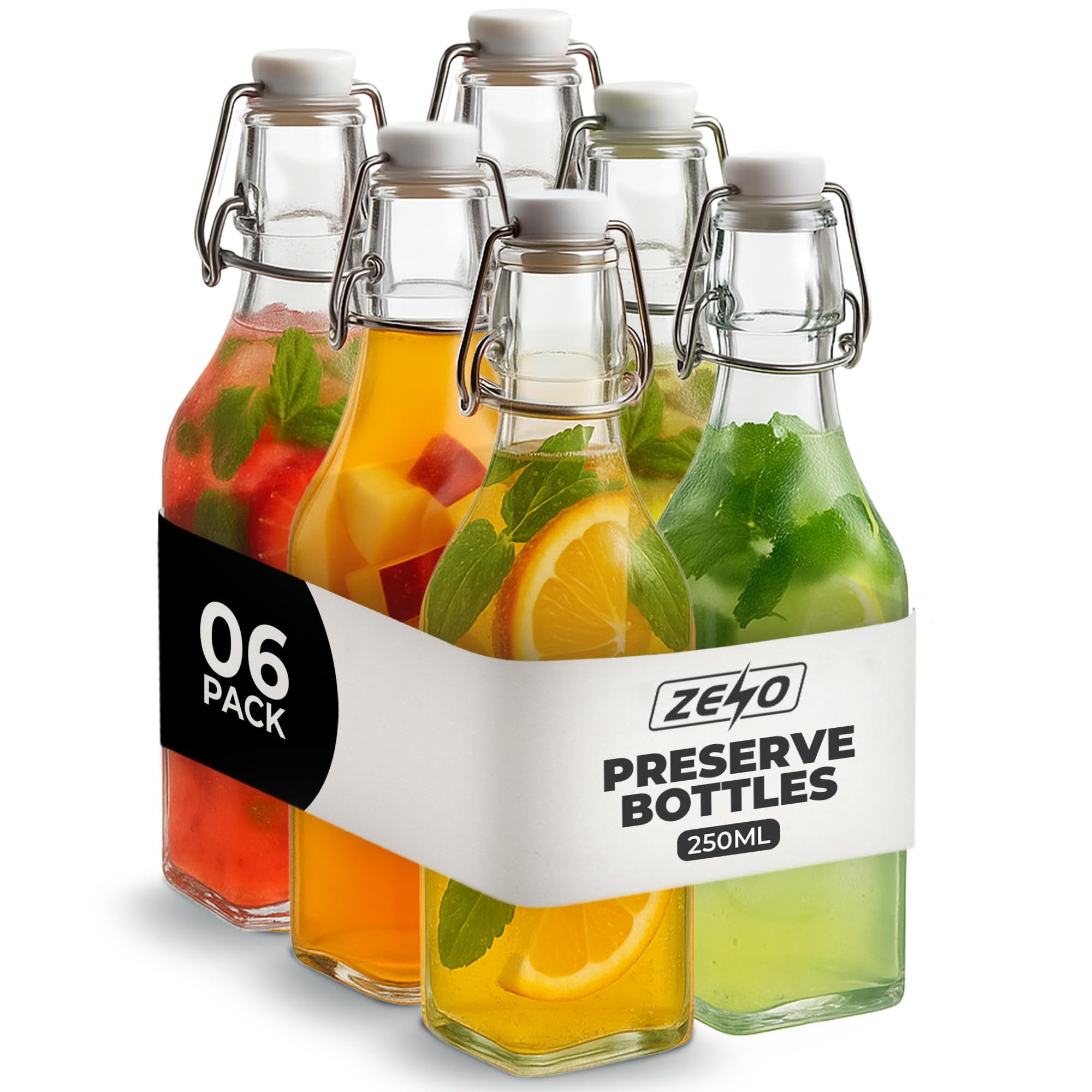 ZENO Clip Top Preserve Bottles - 250ml | Set of 6 Airtight Glass Cruet Dispenser Bottles | Ideal for Home Brewing | Vintage Style Vacuum Clip Seal | Glass Bottles w/Stoppers