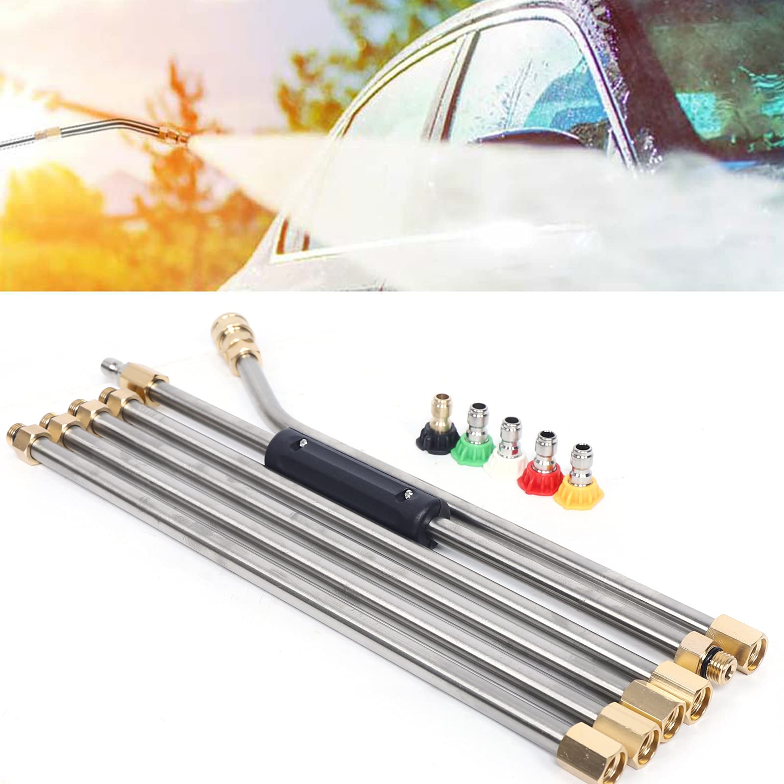 Pressure Washer Extension Wand, 4000 PSI High Pressure Washer Gun Extension Rod Power Washer Replacement Lance with 5 Nozzle Tips, 1/4 Inch Quick Connect, 10 Pcs Rubber Ring (with 30Β° Curved Rod)