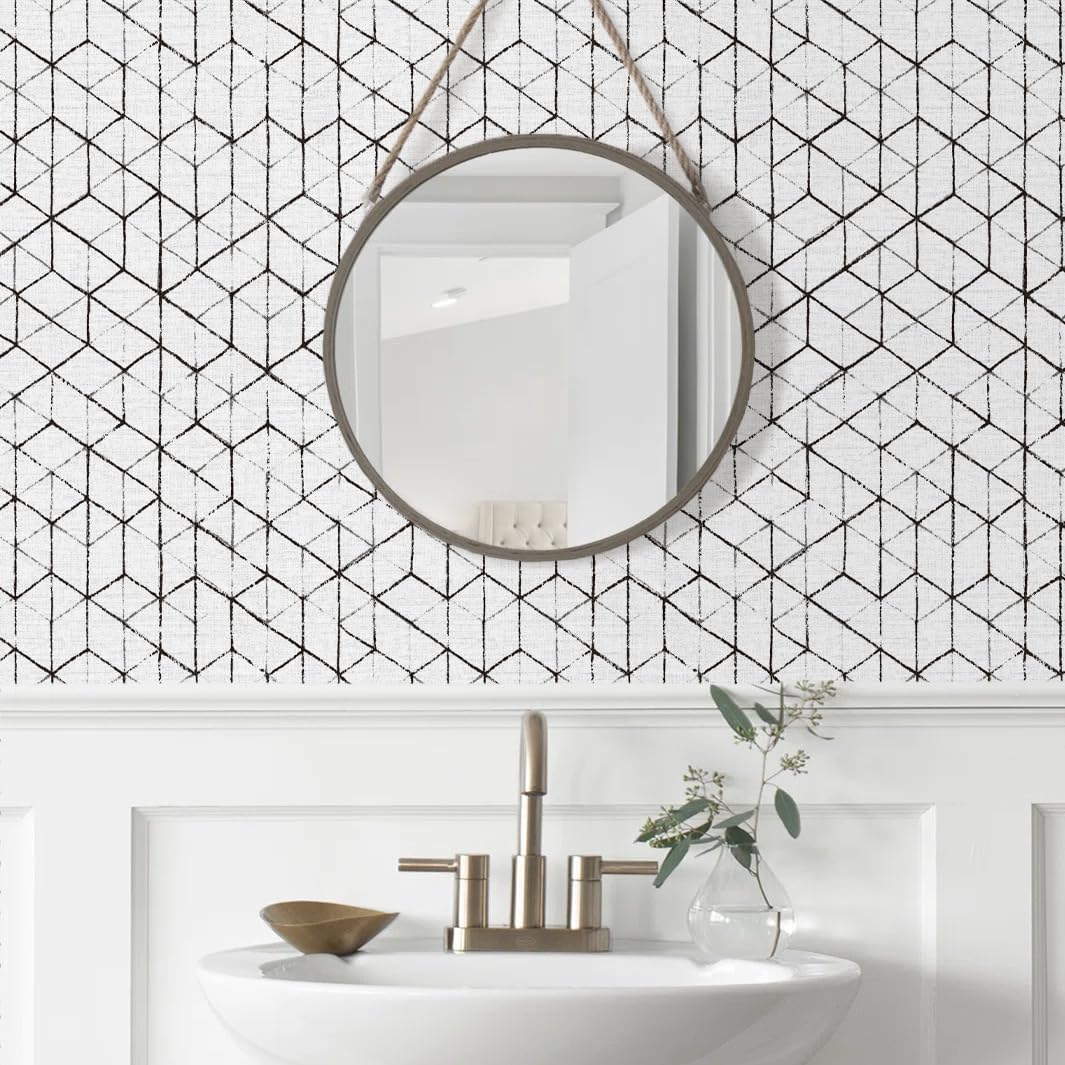 MelunMer Black and White Peel and Stick Wallpaper Boho Contact Paper for Cabinets Removable Self Adhesive Wallpaper Geometric Modern Contact Paper Bathroom Bedroom Waterproof 17.3”×78.7”