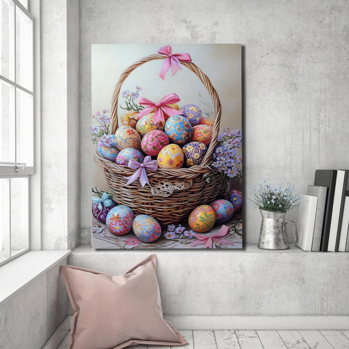 YUNART Ostereier Bild auf Leinwand frühlingshafte Wandkunst im Vintage Landhausstil für Innendekoration in Schlafzimmer Wohnzimmer und Küche 60x90cm Innenrahmen