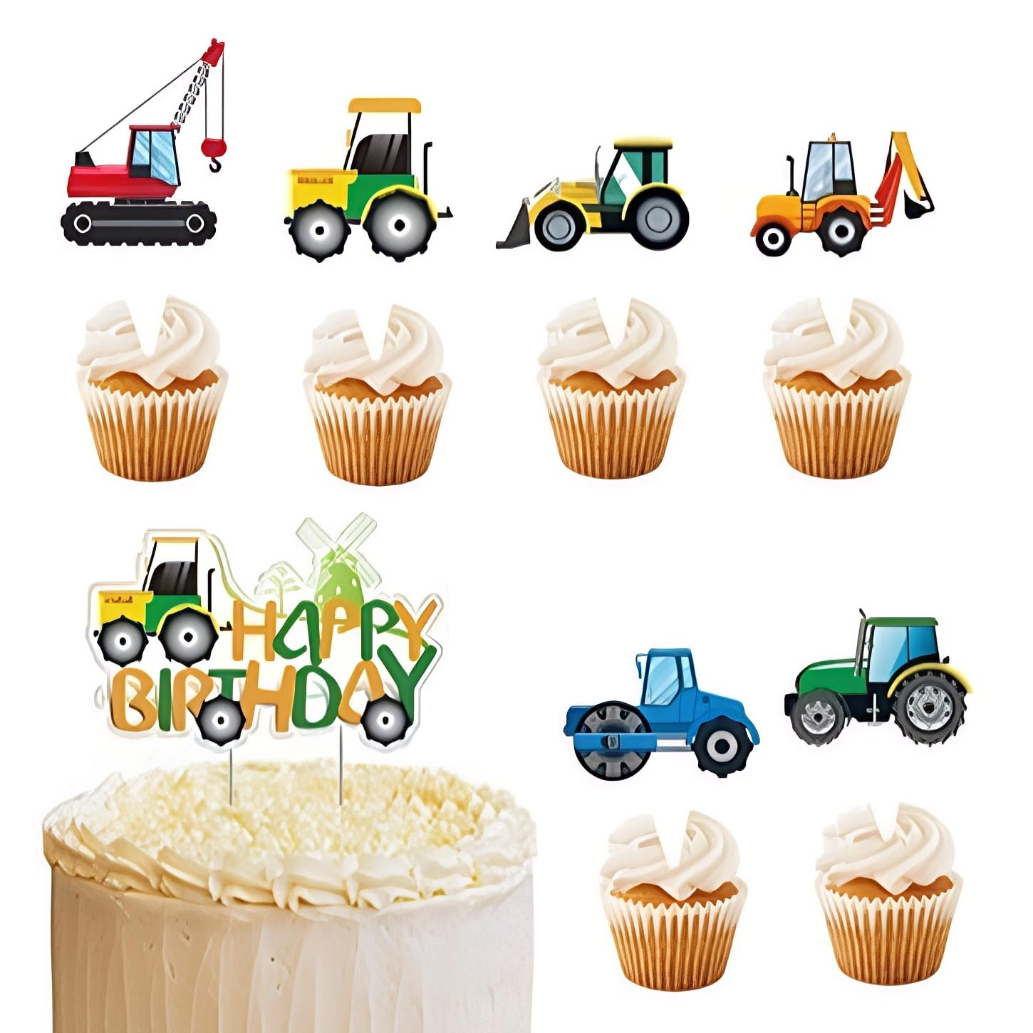 13PCS Tractor Happy Birthday Cake Cupcake Topper Set Farm Vehicle Car Theme Cake Decorations Farmer Construction Dump Truck Cupcake Picks Party Supplies Bday Party Signs Decor