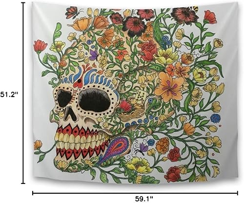 Miniatura 6 de Tapiz para colgar en la pared, diseño de calavera con diseño floral, decoración de pared para dormitorio universitario, dormitorio universitario