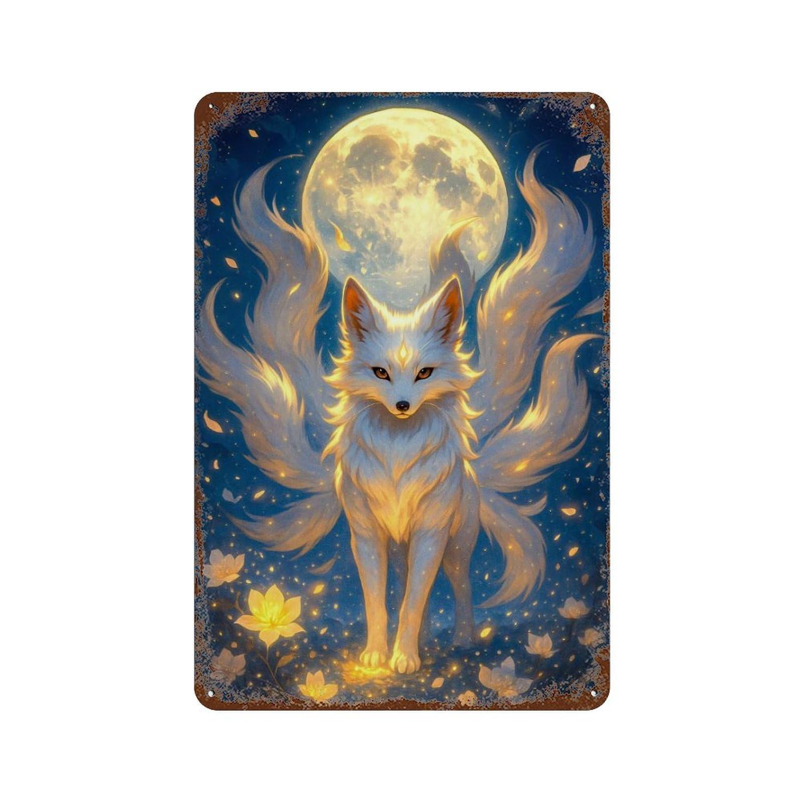Nine-tailed Fox Under The Moon 11.8"x7.9" Retro Metal Sign, Vintage Wall Decor for Office, Studio And Wall Decor