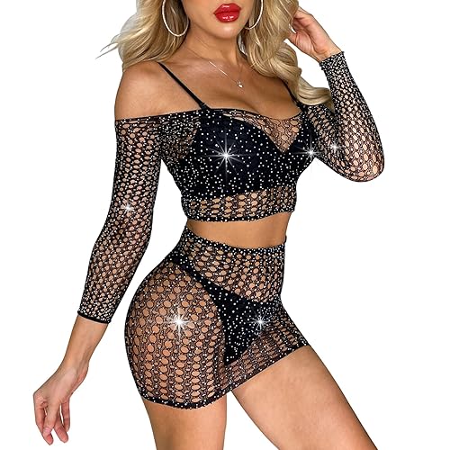 QCWQMYL Womens Lingerie Set Naughty Lace Fishnet BabyDoll Bodysuit Nightwear Teddy 2 Piece Suits - XS-2XL - B/T1024-black