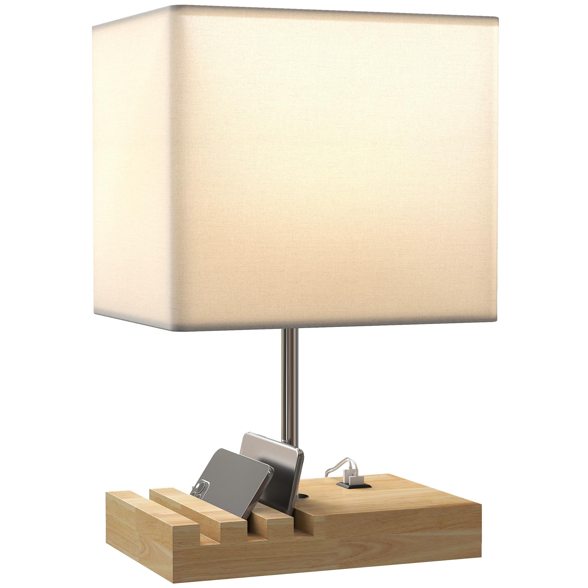 HOMCOM Bedside Lamp with USB A+C Charging Ports and 3 Phone Stands, Modern Table Lamp with Solid Wood Base and Fabric Shade for Bedroom Living Room Office, E27 Socket, Bulb Not Included, White