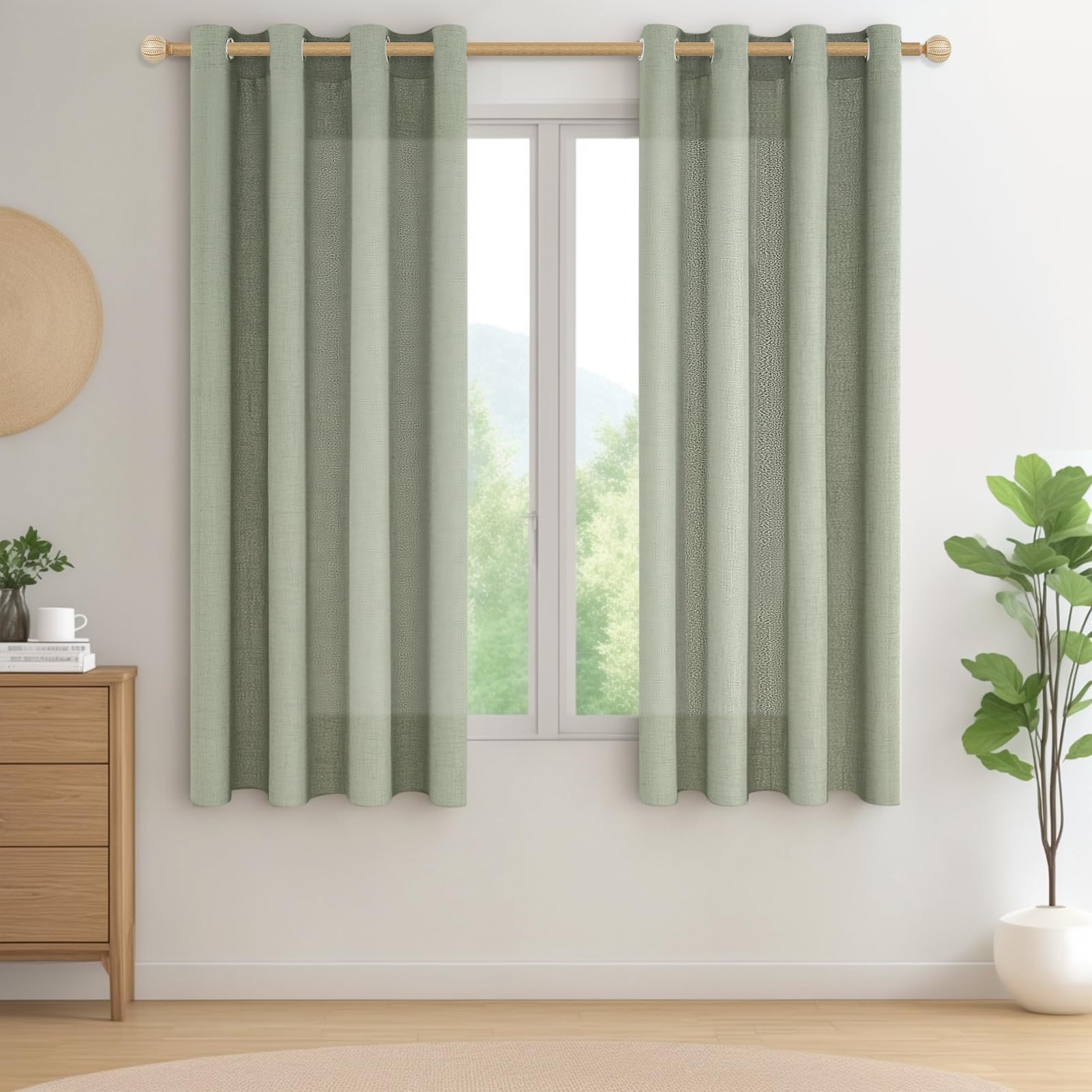 CUTEWIND Gardinen mit Ösen Salbeigrün Leinenoptik Kurz Fenster Wohnzimmer, Vorhang Leinen Halbtransparent Ösenschal 2er Set, 160 cm Lang, 140 cm Breit, Vorhänge Küche Kinderzimmer Landhausstil
