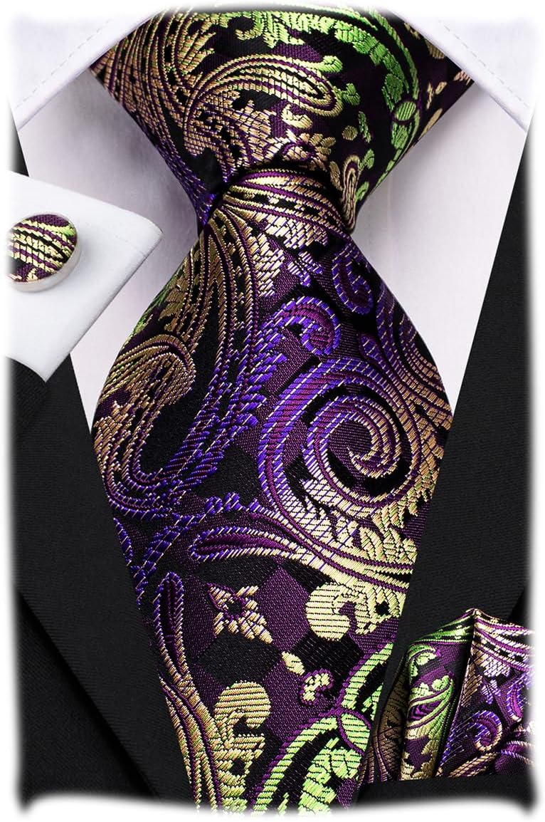 Hi-Tie Paisley Floral Ties Set for Men Silk Mens Stripes Necktie Pocket Square Cufflinks Set Formal Business