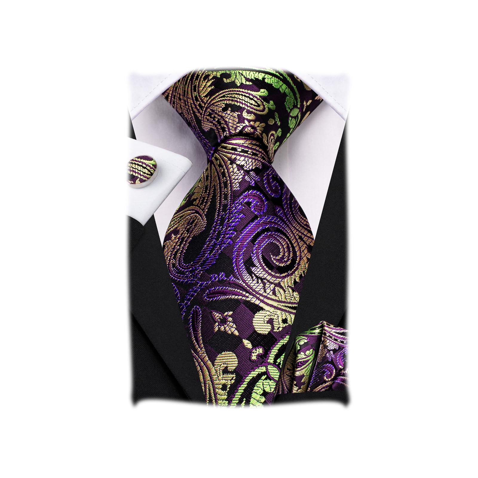 Hi-Tie Paisley Floral Ties Set for Men Silk Mens Stripes Necktie Pocket Square Cufflinks Set Formal Business