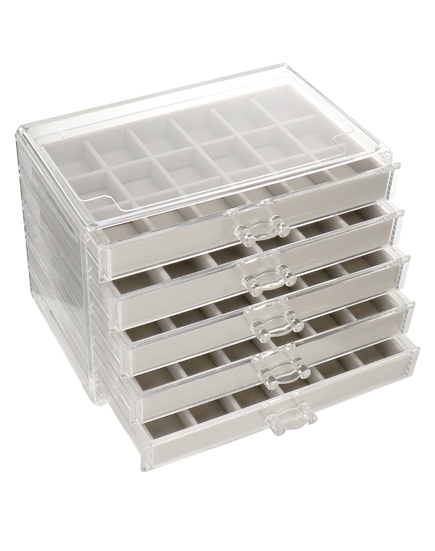 QWORK® Boîte à bijoux en acrylique, avec 5 tiroirs, organisateur de bijoux, rangement de bijoux transparent, gris