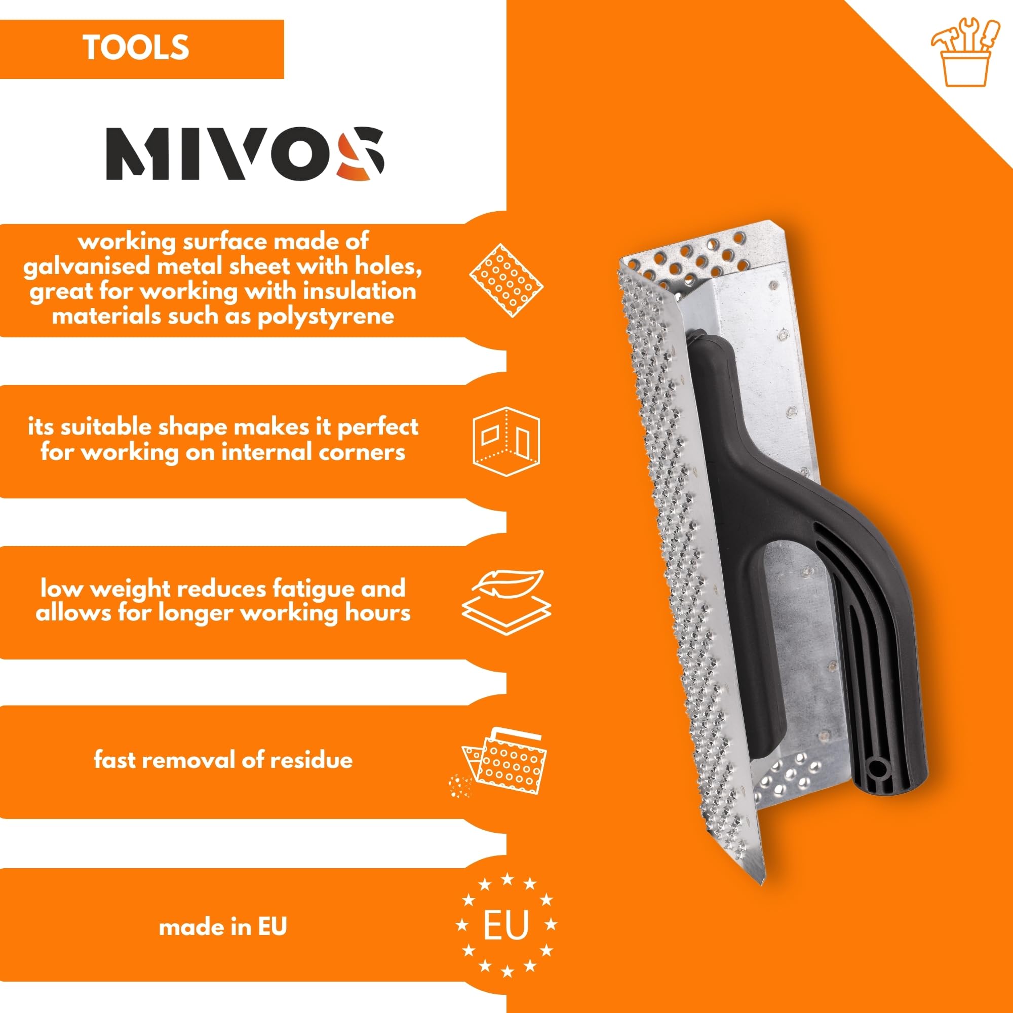 MIVOS Sanding Board Square, Rasp Board for Styrofoam, Grating Board with Galvanised Sheet Steel Rasp Coating, 260 mm - Image 3