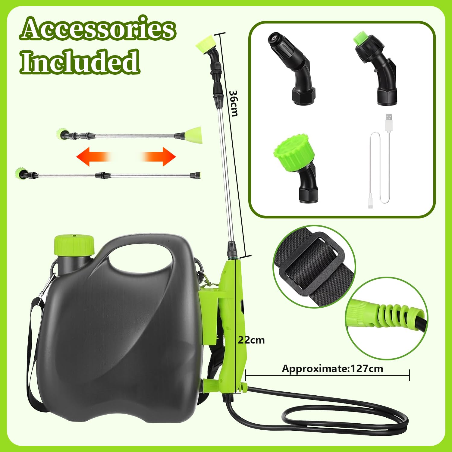 Battery Powered Backpack Sprayer 1.35Gallon, Garden Sprayer with Adjustable Shoulder Strap, Weed Yard Lawn Sprayer with 5 Mist Nozzles, The Telescopic Spray Rod Can Reach Further