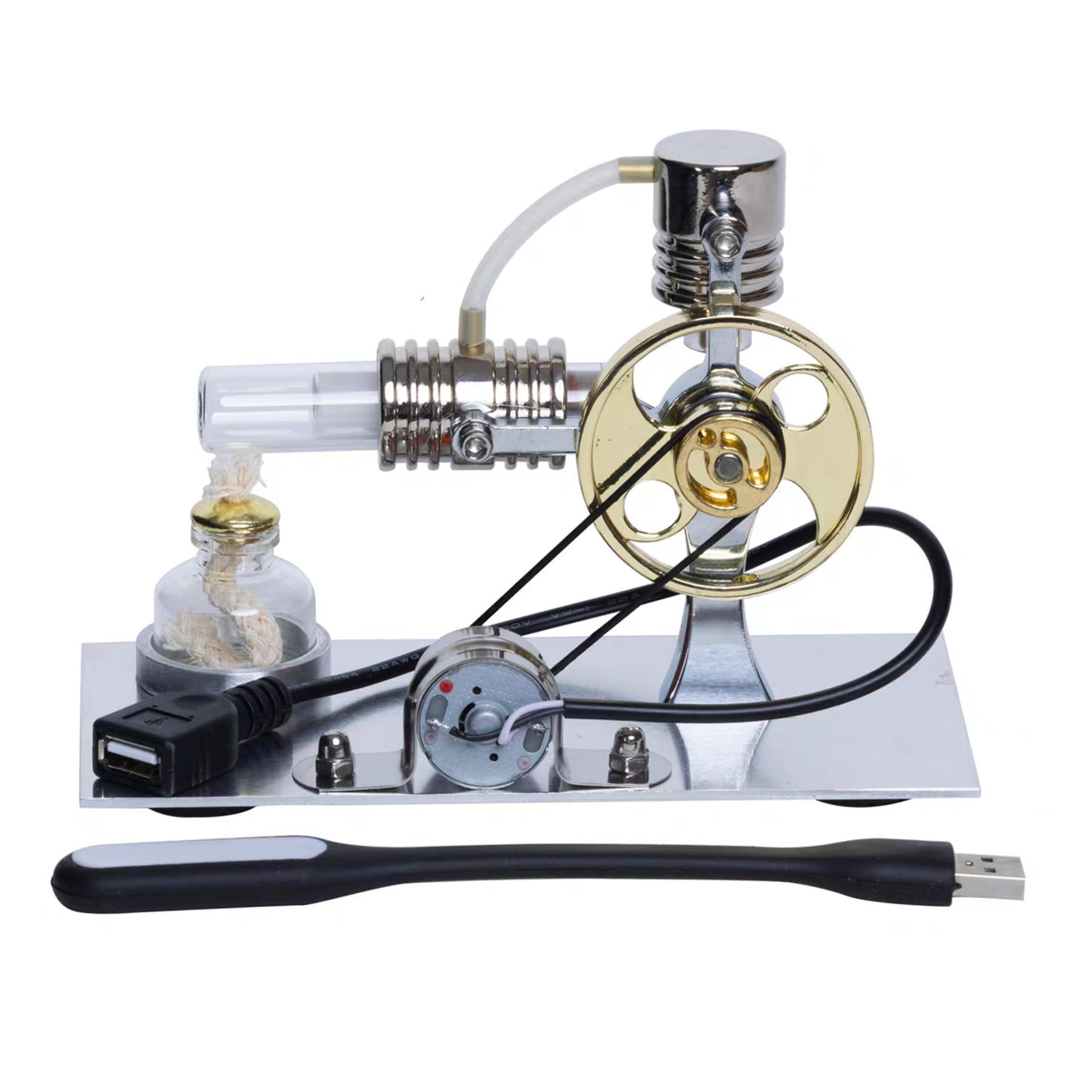 Motor Stirling, generador de motor Stirling en forma de L de metal, modelo de generador de energía con puerto USB y luz nocturna, experimento físico presente para entusiastas de la tecnología y niños