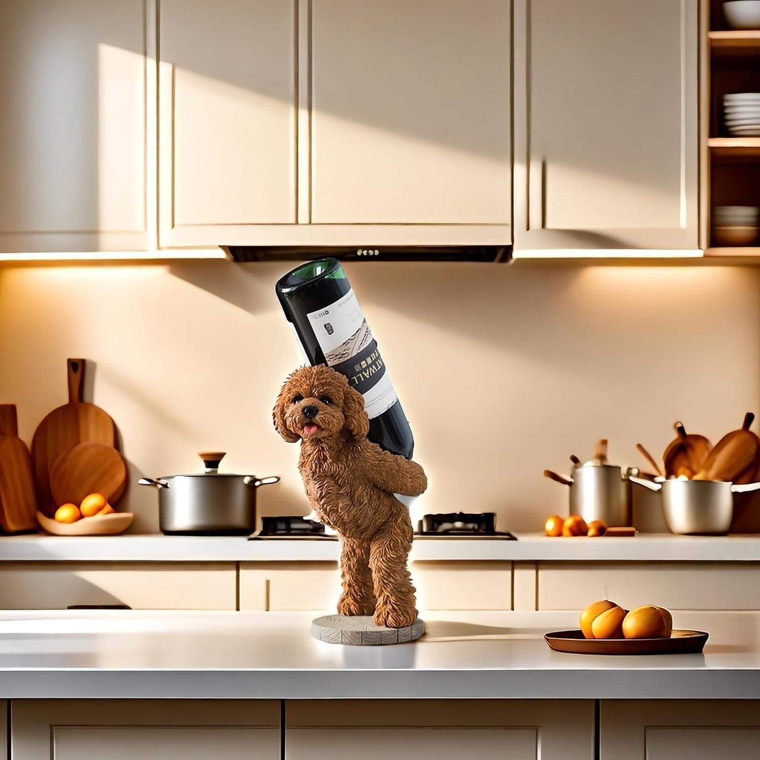 Poodle Wine Rack - Decorative Countertop Bottle Holder, Brown Resin Dog Figurine Shelf Decor for Home Bar, Gifts for Dog Lovers