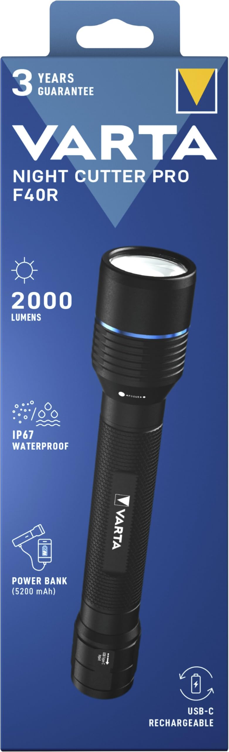 VARTA Latarka LED, Night Cutter Pro F40R, adowalna, z funkcją powerbanku, do użytku na zewnątrz i w domu, 2000 lm, wodoodporna IP67, aluminium lotnicze, precyzyjna regulacja ostrości, w tym smycz