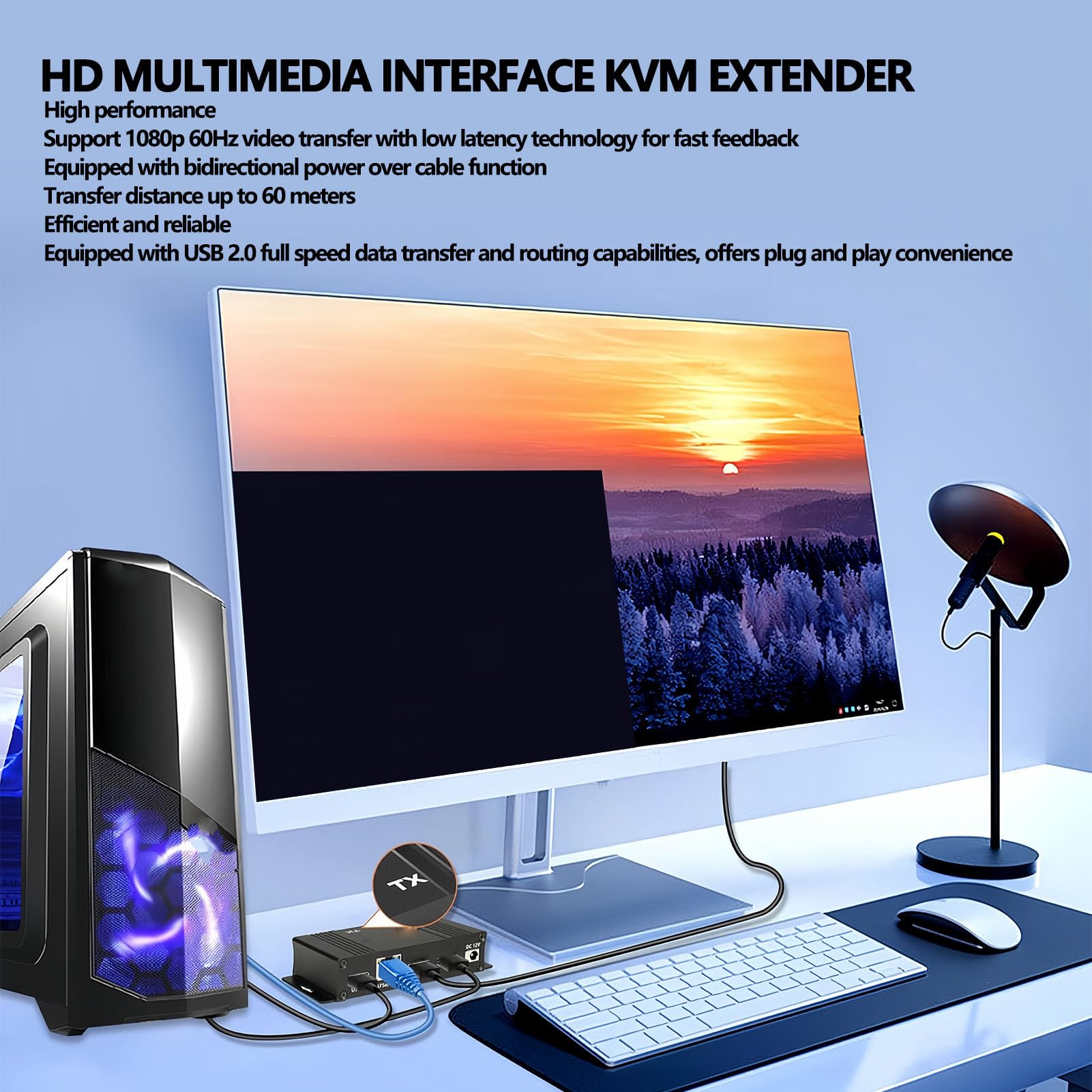 Jiawu Przedłużacz USB KVM, Zestaw Przedłużacza HDMI, Transmisja Wideo 1080P 60 Hz Przez Kabel Ethernet CAT5e/6 do 56 Stóp, Funkcja Plug and Play do Sterowania klawiaturą i myszą USB (wtyczka UE)