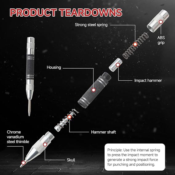 3 Pcs Black Automatic Center Punch, Steel Adjustable One-Handed