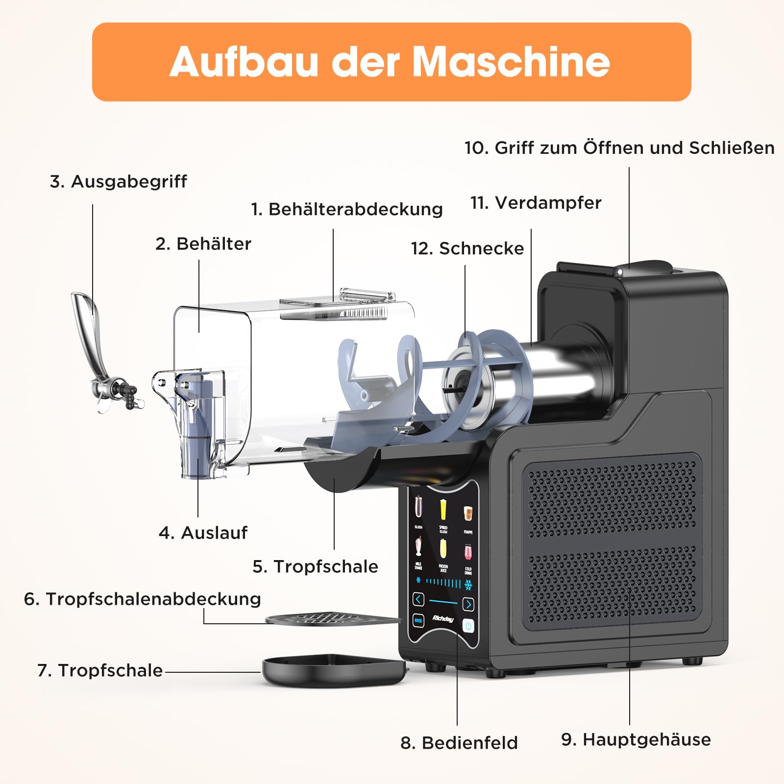 Richday Slush - Macchina per gelato, capacità 2 l, display LED, tecnologia WhisperChill, 6 programmi, per frappé, margarita, gelato morbido