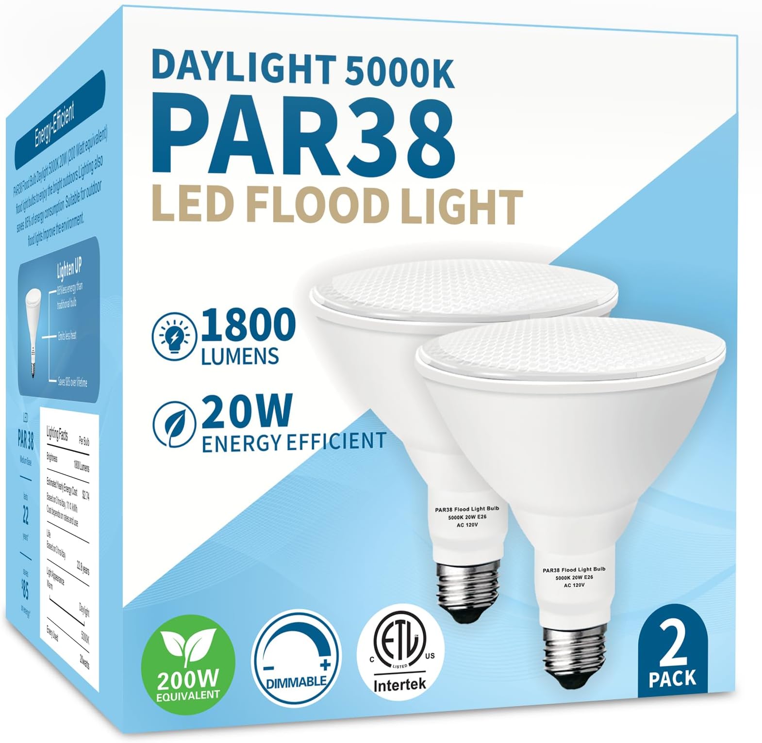 PAR38 LED Outdoor Flood Light Bulbs,Dimmable 20W(200W Equivalent) E26 Base Flood Light Bulbs,1800 Lumens LED Flood Light for Outdoor Garden,Garage,Yards,5000K 2 Pack