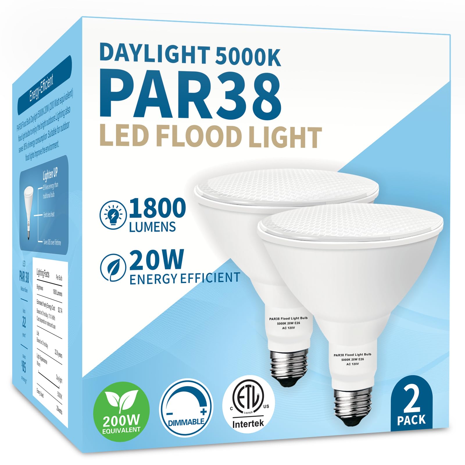 PAR38 LED Outdoor Flood Light Bulbs, Dimmable 20W(200W Equivalent) E26 Base Flood Light Bulbs,1800 Lumens