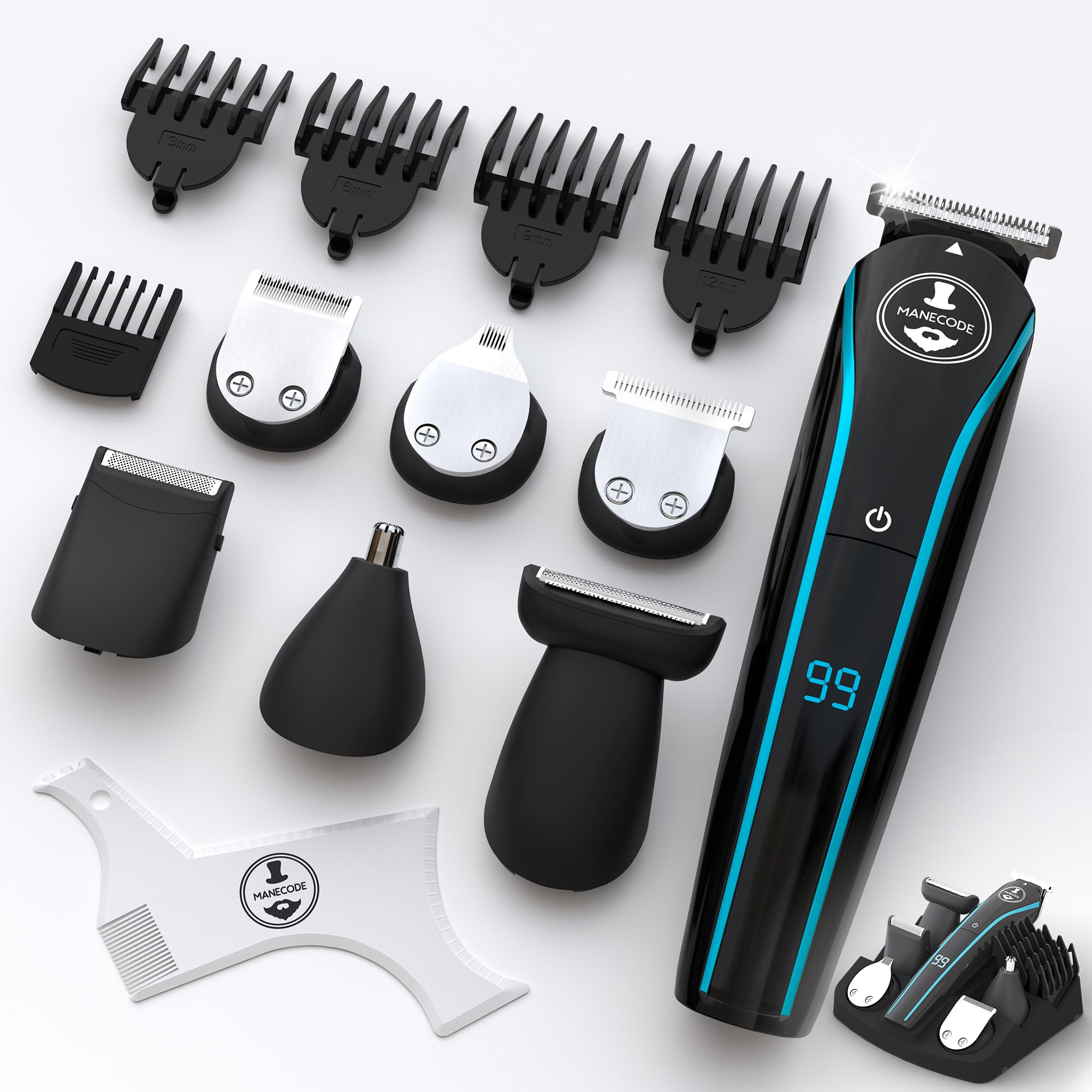 MANECODE 11-in-1 Beard Hair Trimmer for Men Self-Sharp Blades USB-C Waterproof LED Display Multi-Grooming Kit