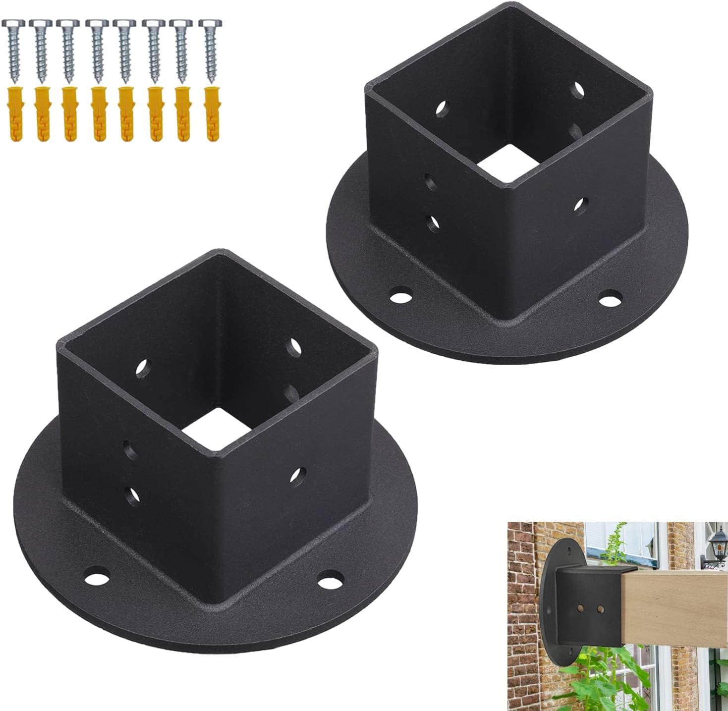 Wpbhk 2Pcs Floor Flange 2x2 Post Anchor Base Heavy Duty Solid Square Fence Pole Base Black Wall