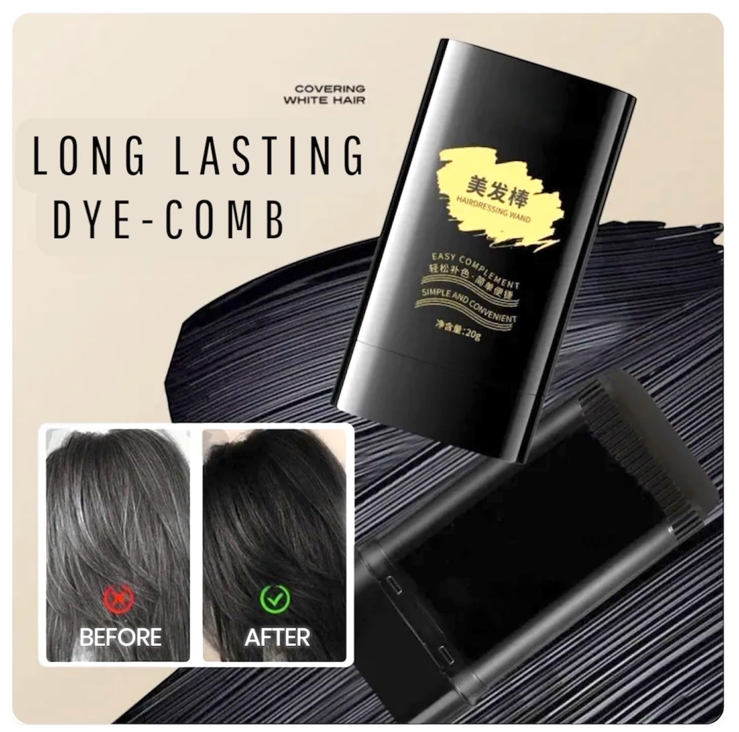 Keli Hair Color Stick, Quick Root Touch Up Comb for Gray Hair Coverage, Instant 2 in 1 Dye Comb, Portable Travel Friendly, Waterproof and Sweatproof concealer for Men & Women (Natural Black, 20gm) 2