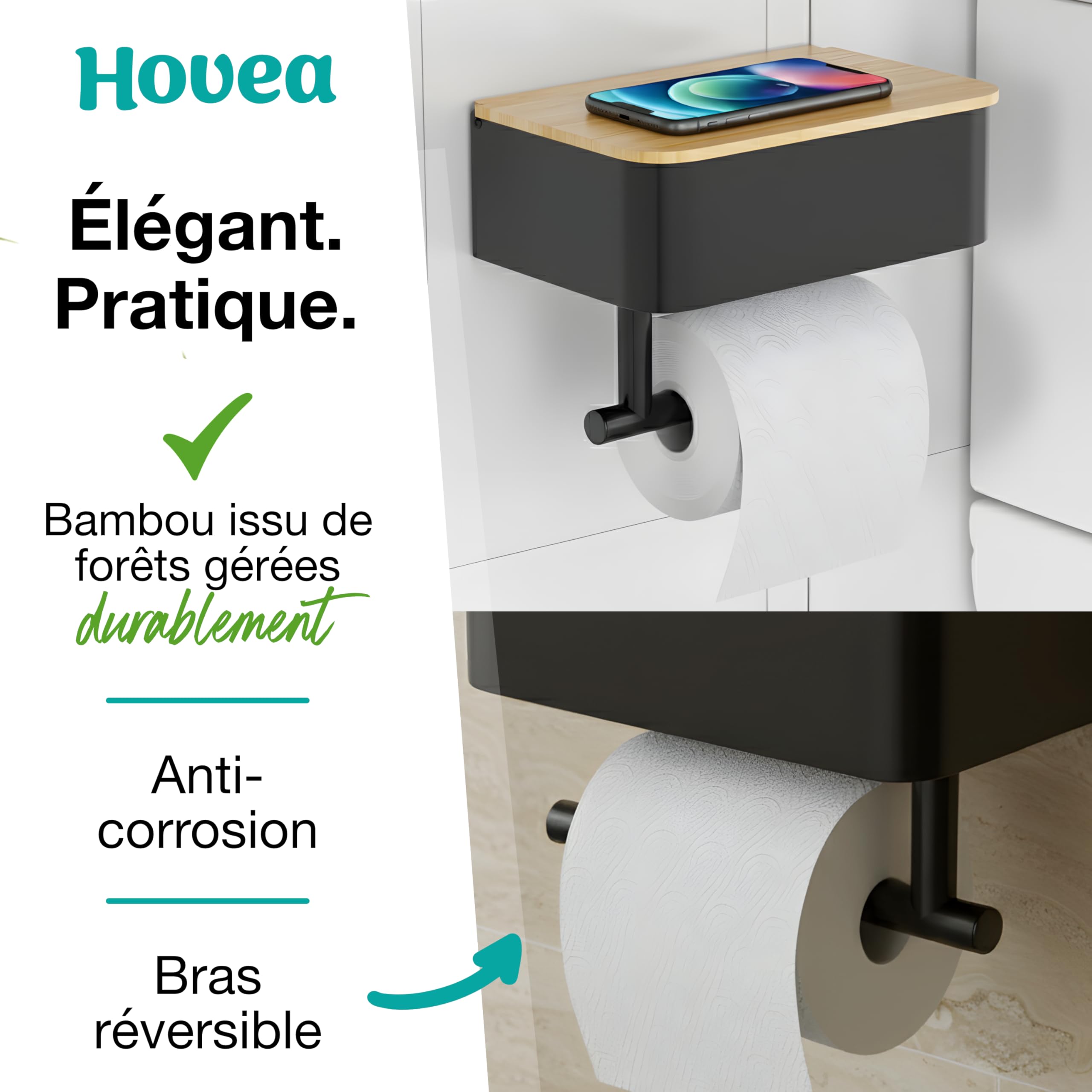 Porte Papier Toilette Mural 2-en-1 - avec ou sans Perçage - avec Rangement & Support Téléphone - en Métal – Distributeur Rouleau PQ Décoration - Noir & Bambou - PPT121