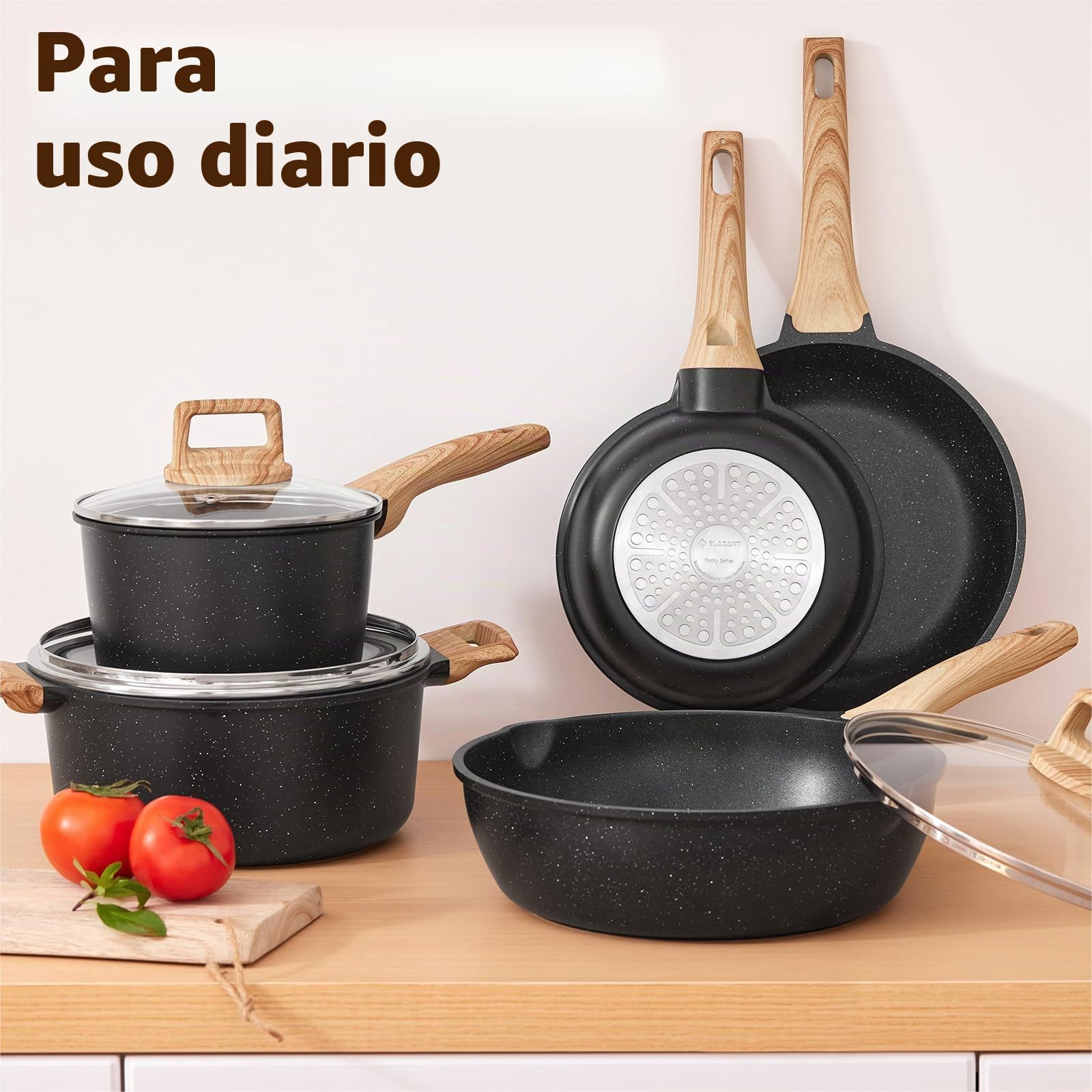 BLAZANT Juego de sartenes de inducción de 10 piezas, juego de ollas y sartenes antiadherentes, juegos de utensilios de cocina con tapas, juego de sartenes de cocina, juego de ollas para todas las