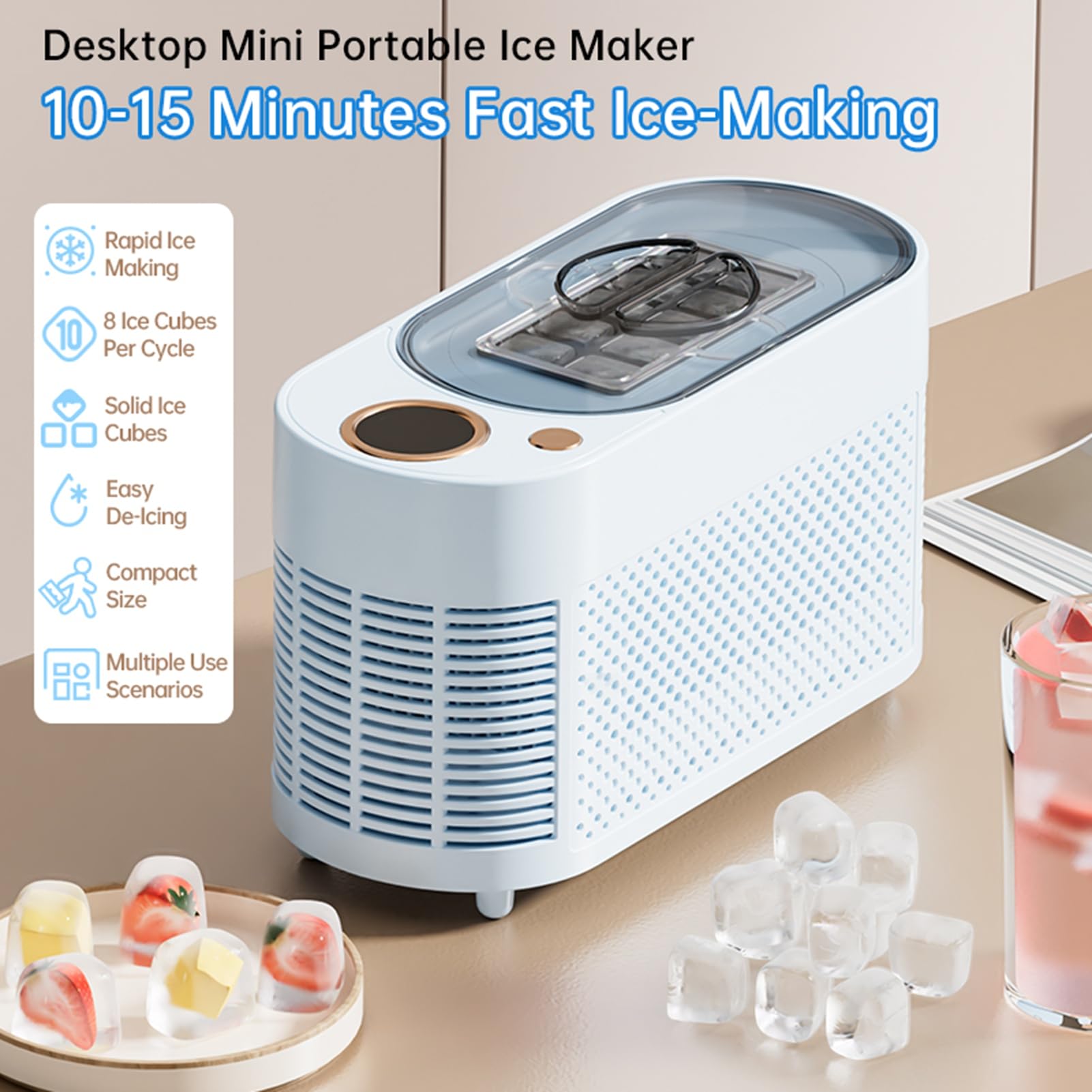 Mini Máquina para Hacer Hielo en Encimera, 10 Cubitos de Hielo en 15 Minutos, Máquina de Portátil Automática de 120 W para el Hogar, Cocina, Oficina, Bar, Fiesta, Viaje en (Enchufe de la UE)