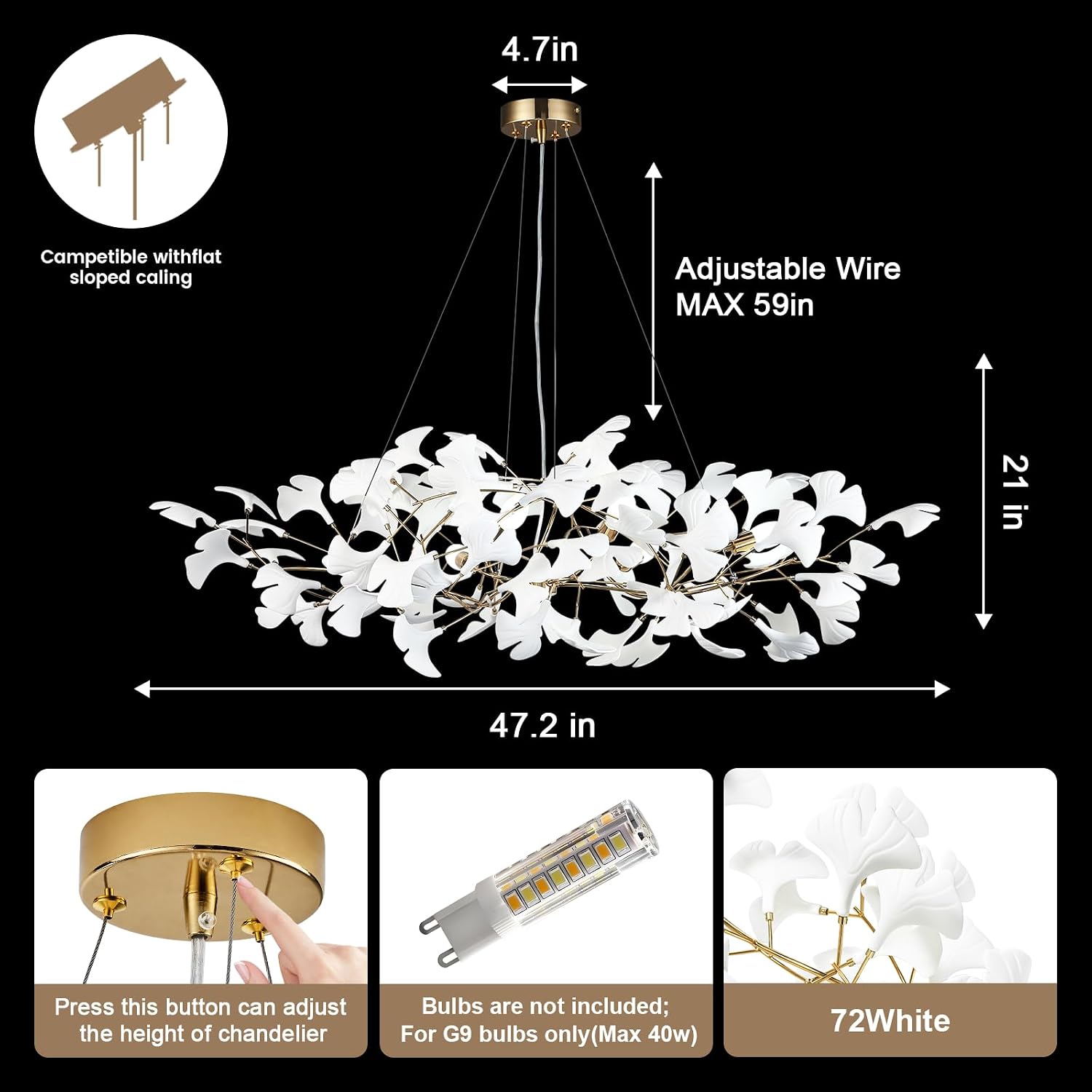 Modern Chandeliers for Dining Room - 47In White Rectangle Brass Large Chandeliers, Tree Branch Art Deco Mid Century Chandelier with Ginkgo Leaves, Farmhouse Chandelier for Living Room,Bedroom