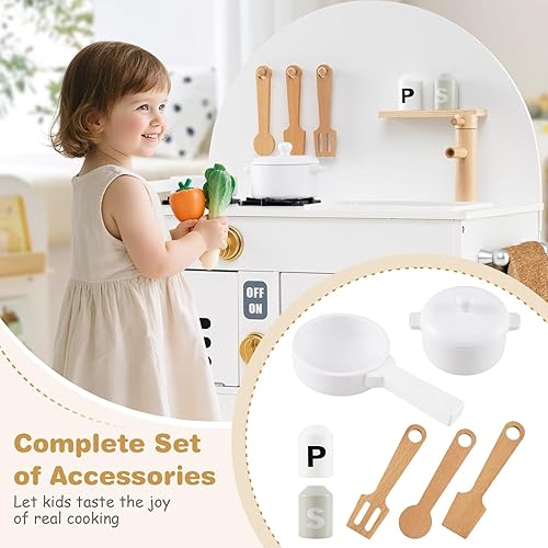Miniatura 5 de Costzon Juego de cocina para niños, cocina con estufas, grifo, fregadero, microondas, gabinete, horno y accesorios de cocina, cocina de madera para