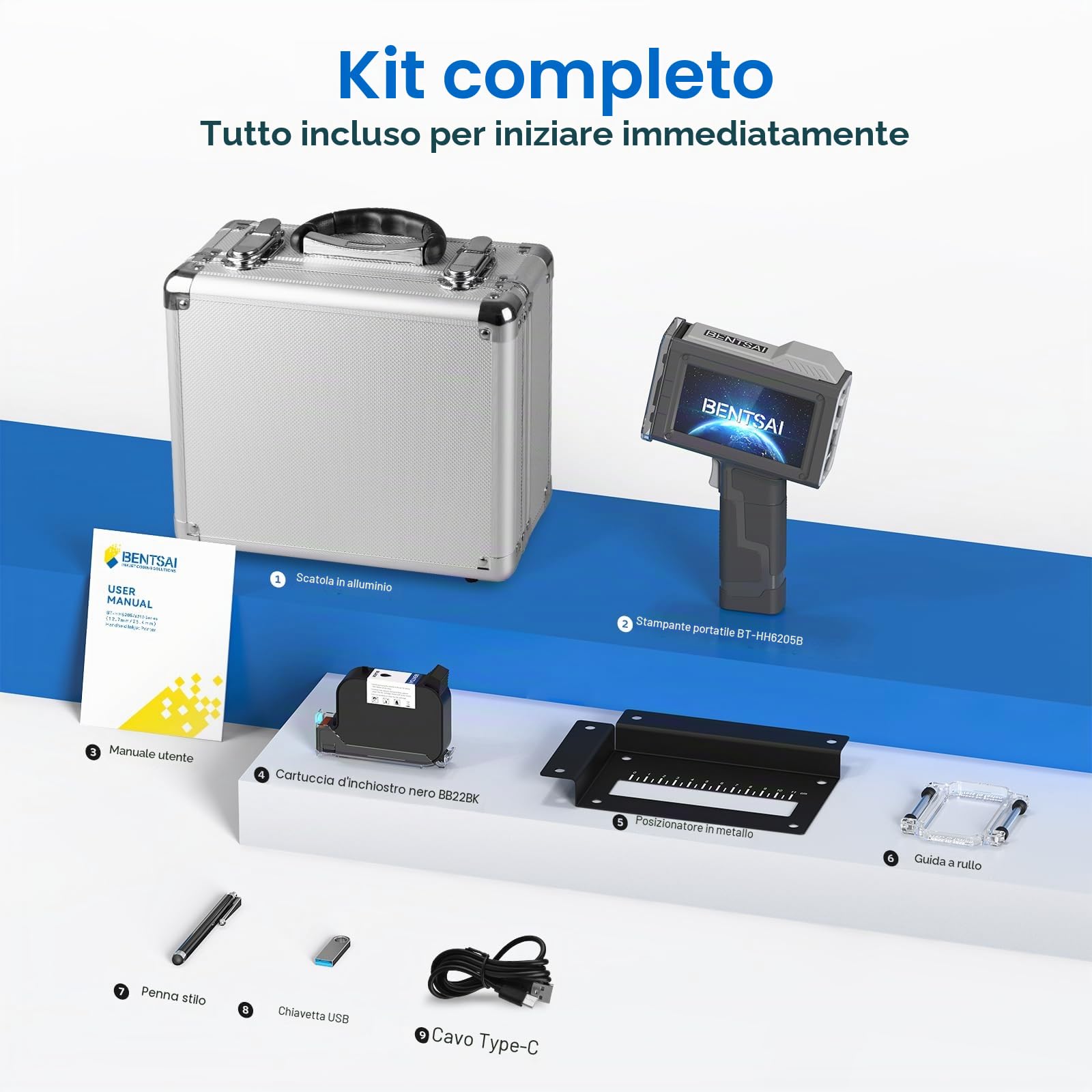 BENTSAI Stampante a getto d'inchiostro Portatile BT-HH6205B con16H di Autonomia per Stampa di Lotto, Data, Logo, Numero di Serie, QR su Vari Materiali Cartone Legno Plastica Metallo