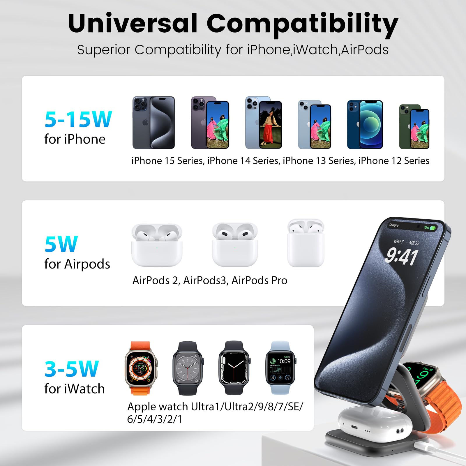 KU XIU X55 Plus Estación de carga 3 en 1 para dispositivos Apple, cargador inalámbrico magnético plegable de 15 W, almohadill