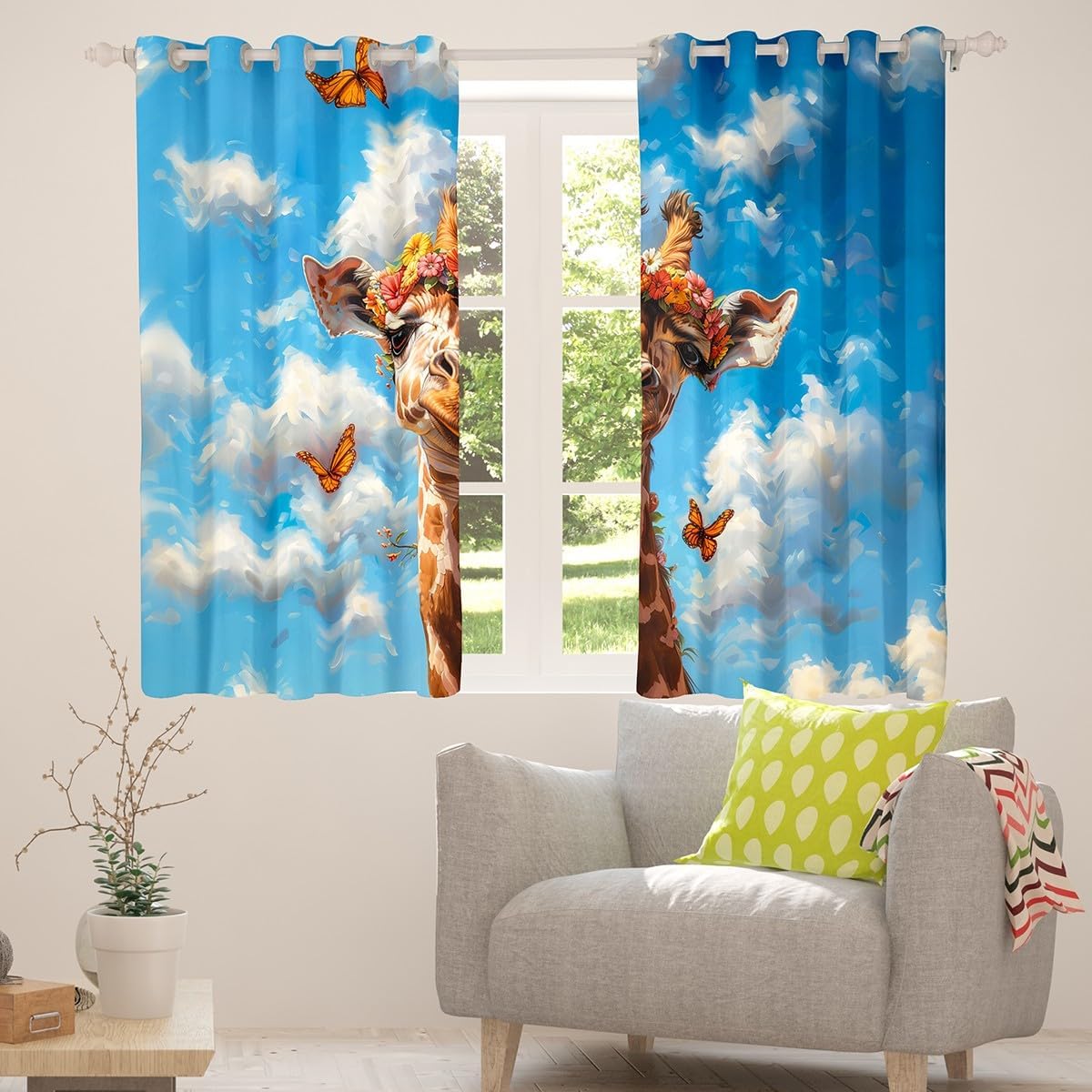 Castle Fairy Cute Giraffe Curtains for Living Room,Flower Butterfly Window Drapes Bedroom Blackout 30%-50%,Blue Sky Cloud Window Treatment Grommet Top 2 Panels Decor,38Wx45L