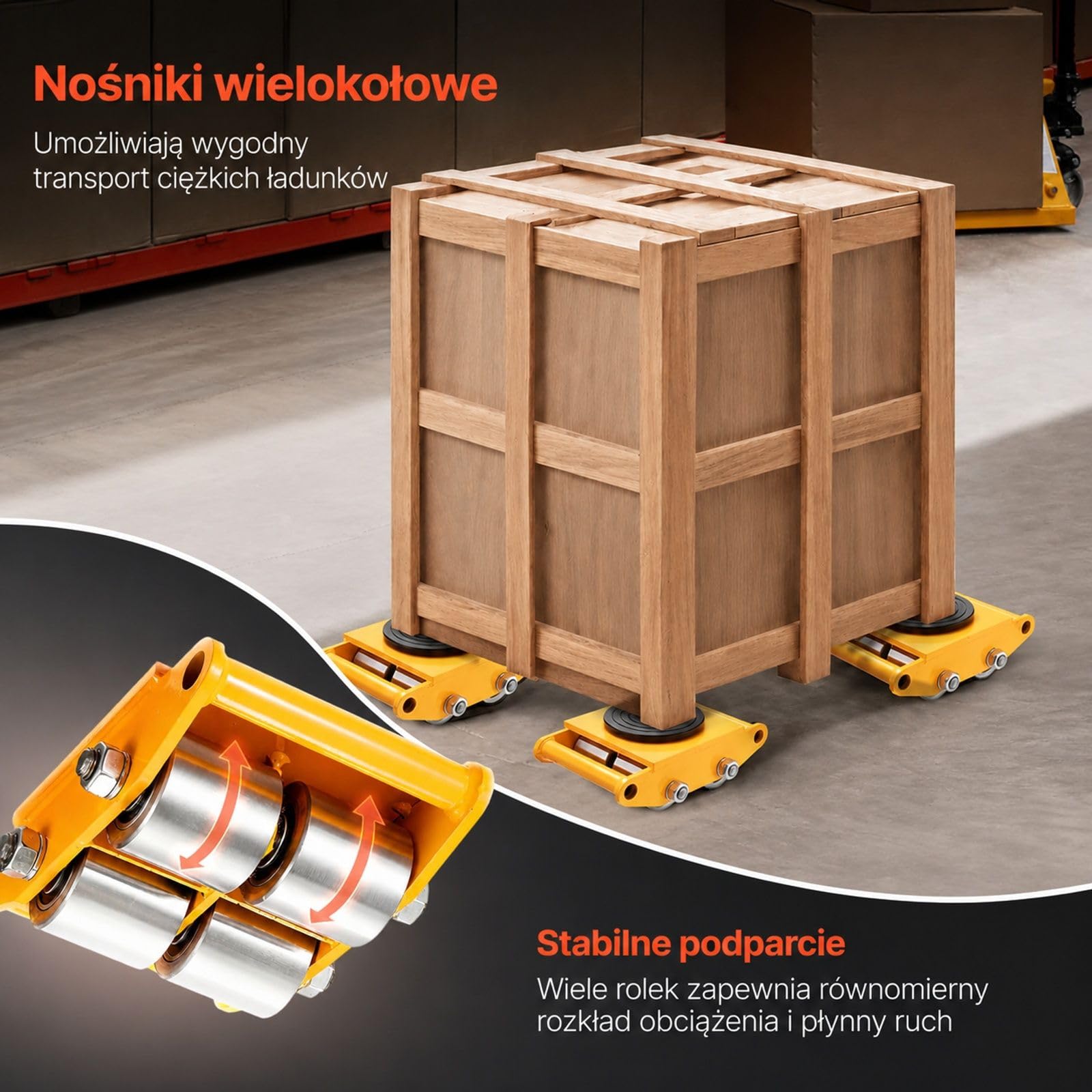 Zestaw 4 rolek transportowych do maszyn, nośność 12 ton, stal węglowa, 4 stalowe koła i obrotowe płyty górne do warsztatów, magazynów i fabryk