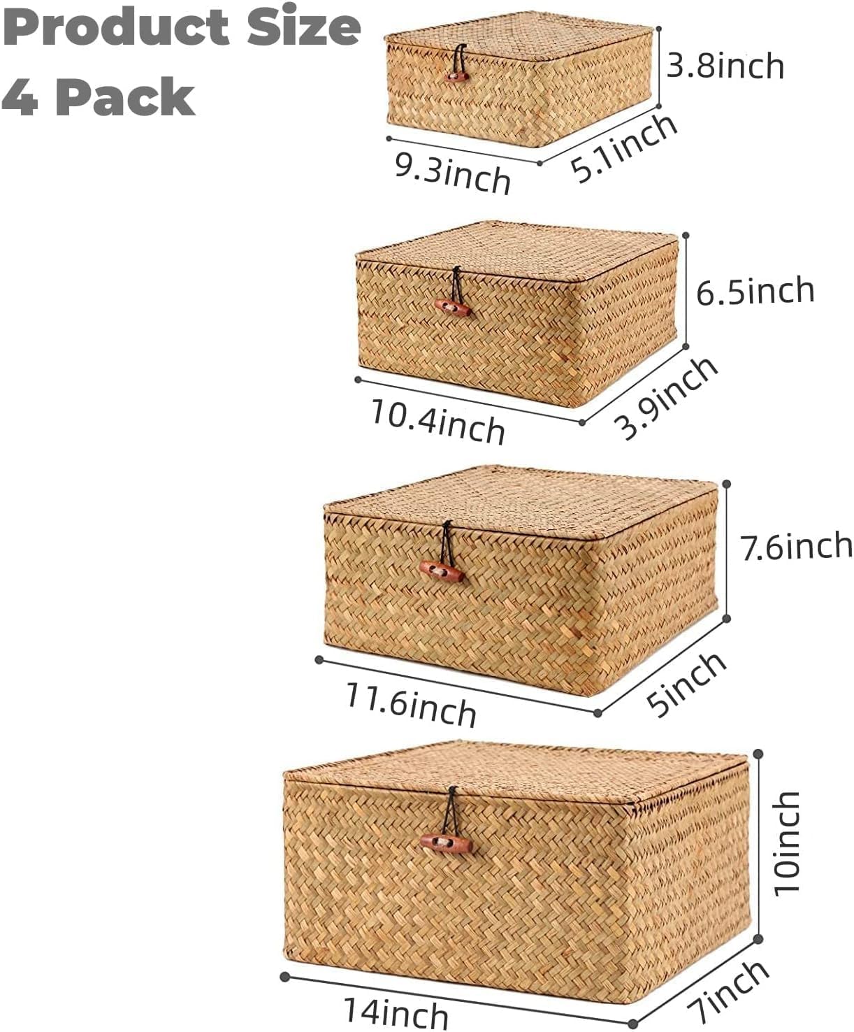 Lot de 4 Panier de Rangement en Osier Tressé,Panier Rotin Osier Couvercle Naturel BoîTe de Rangement en Tressé Avec Couvercle Organiseur de Maquillage pour Salle de Bains,Salon,Cuisine