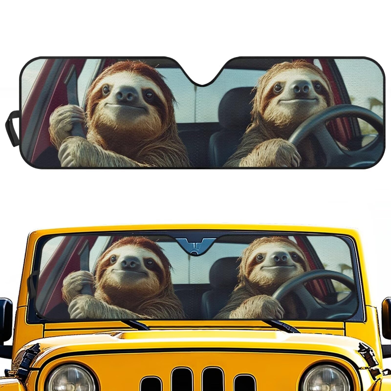 Pensura Upgrade Cute Sloth Driving Windshield Sun Shade for Jeep Wrangler TJ JK JKU 1997-2018, Foldable Windshield Cover Sun Visor Blocks UV Rays,