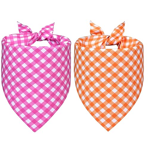 WoffBow Plaid Dog Bandanas for Large X-Large Dogs, 2 Pack Reversible 4 Patterns, Pink & Orange Gingham Scarf - Spring Pet Bib Accessories for Boy Girl Pups (18-23" Neck) - Pink & Orange - X-Large
