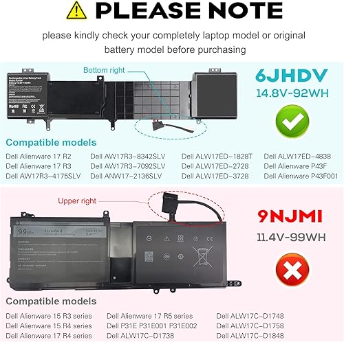 Miniatura 2 de Fancy Buying 8-Cell 92WH 6JHDV - Batería para portátil Dell Alienware 17 R3 P43F002 R2 P43F001 ALW17ED-1728 2728 3728 3828 4718 4738 AW17R3-3758SLV