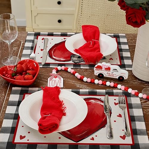 Miniatura 4 de GEEORY Manteles individuales para el día de San Valentín de 12 x 18 pulgadas, diseño de corazones con lazo de cinta, lunares, decoración de mesa de