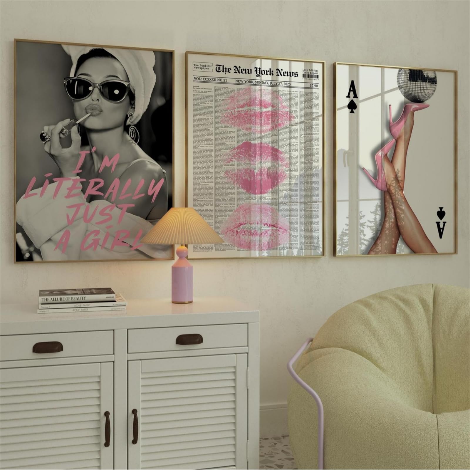 JORCEDI 3pc Pink Vogue Posters,Retro Y2k Pink High Heels, Lips, Hot Girly Lips Preppy for Living Room, Bedroom, Dressing Room Poster, Canvas Decorative Painting,No Unframed (30 * 40cm)